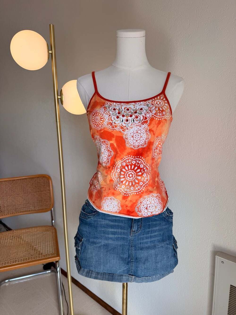 Y2K justice Orange Tie-Dye Tank Top with Built-in Bra & Rhinestone Embellishment